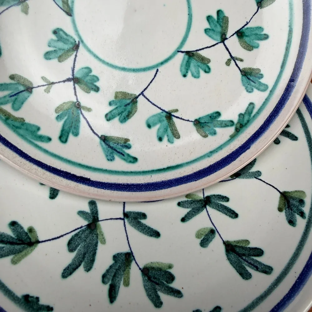 Laurine Plate Set Hand Painted Stoneware Signed Blue Green 7.75